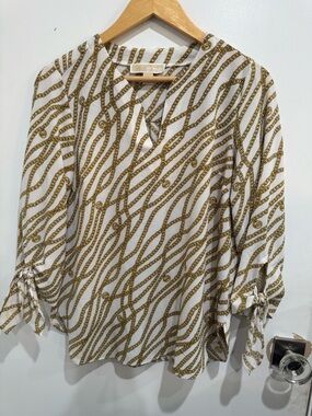 Michael Kors White Blouse with Gold Chain Pattern V-Neck